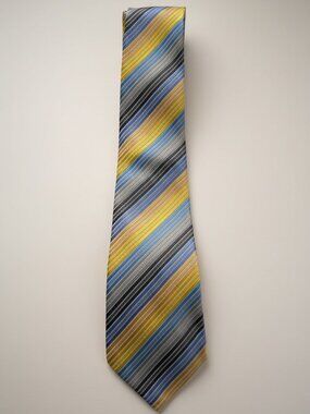 Giorgio Armani Men’s Silk Tie Yellow Blue Gray Stripe Made in Italy